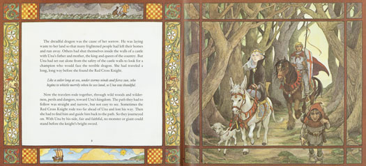 A two-page spread from the Caldecott-winning picture book <em> Saint George and the Dragon</em> (1984) by Margaret Hodges and Trina Schart Hyman